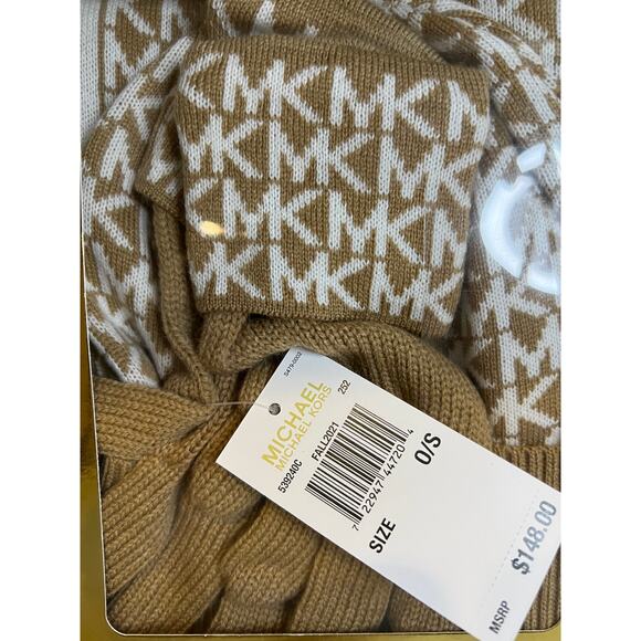 Michael Kors Hat Scarf Gloves set tan logo print - Picture 2 of 5